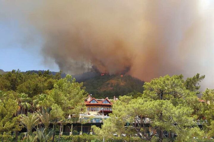 A large plume of smoke rises from a forest fire in Turkey, with trees and buildings in the foreground.