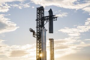 SpaceX Starship mounted on launch tower ahead of Flight 10 technical update.