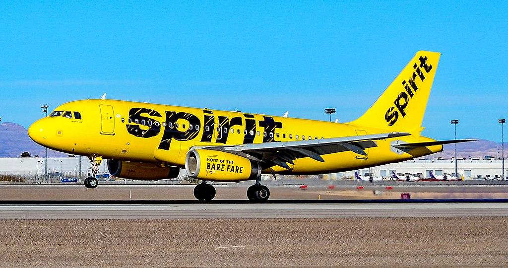 Yellow Spirit Airlines Airbus A319 taxiing on the runway at Las Vegas McCarran International Airport, photographed in 2018.