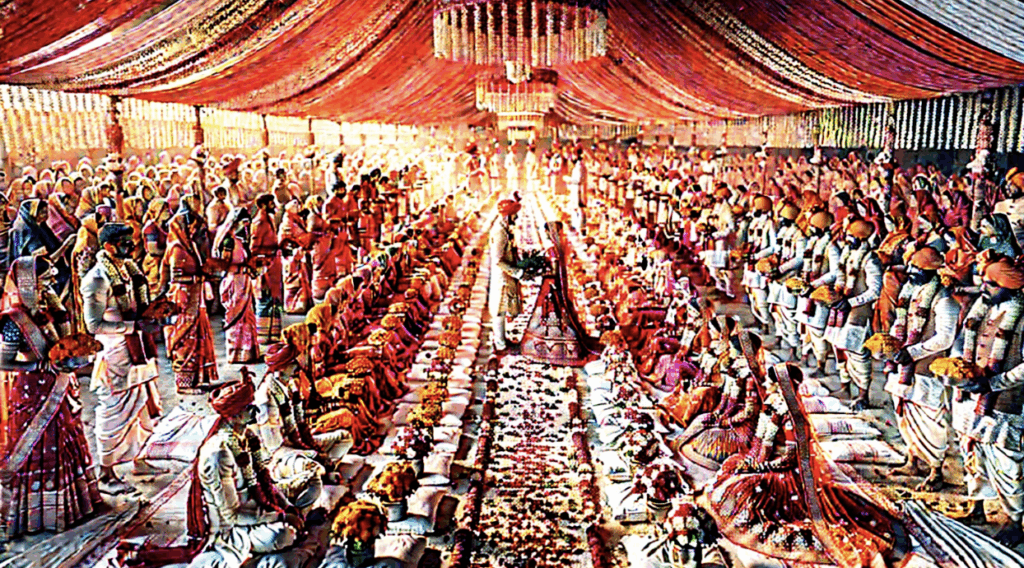 Rows of dozens of Indian brides and grooms in traditional attire seated side by side under a decorated canopy during a large-scale community mass marriage ceremony.