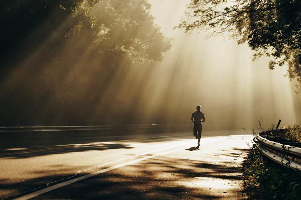 Person running along a sun-dappled forest road in summer sunlight