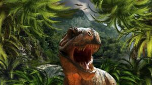 A roaring Tyrannosaurus rex with its mouth wide open in a tropical prehistoric setting with palm trees and flying pterosaurs in the background