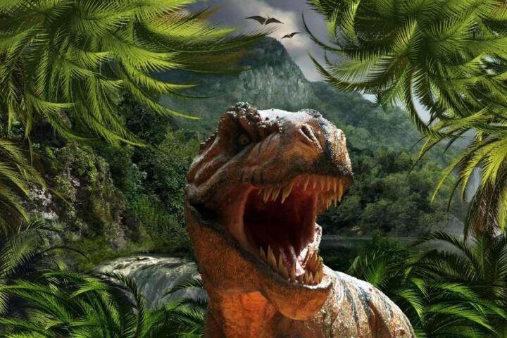 A roaring Tyrannosaurus rex with its mouth wide open in a tropical prehistoric setting with palm trees and flying pterosaurs in the background