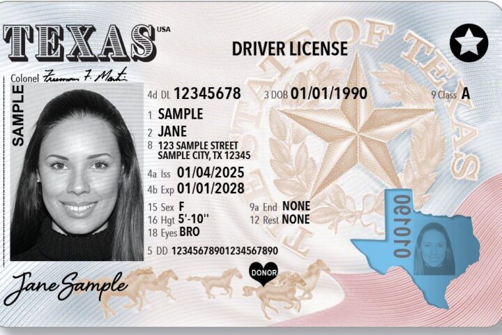 Texas DPS tweet announcing rollout of a new Texas driver license design made of tamper‑resistant polycarbonate, with a sample Texas driver license mockup.