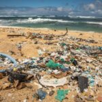 Plastic debris covering a Hawai‘i beach, including bottles, containers, and ropes, with ocean waves visible in the background.