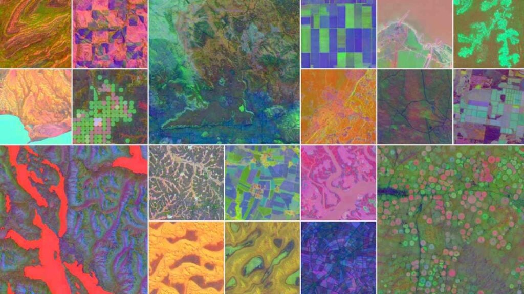 Grid collage of false-color satellite embeddings showing mountainous regions, agricultural fields, coastlines, circular irrigation patterns, and desert landscapes, each colored in vivid red, green, and blue hues.