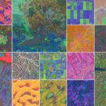 Grid collage of false-color satellite embeddings showing mountainous regions, agricultural fields, coastlines, circular irrigation patterns, and desert landscapes, each colored in vivid red, green, and blue hues.