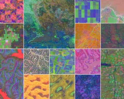 Grid collage of false-color satellite embeddings showing mountainous regions, agricultural fields, coastlines, circular irrigation patterns, and desert landscapes, each colored in vivid red, green, and blue hues.