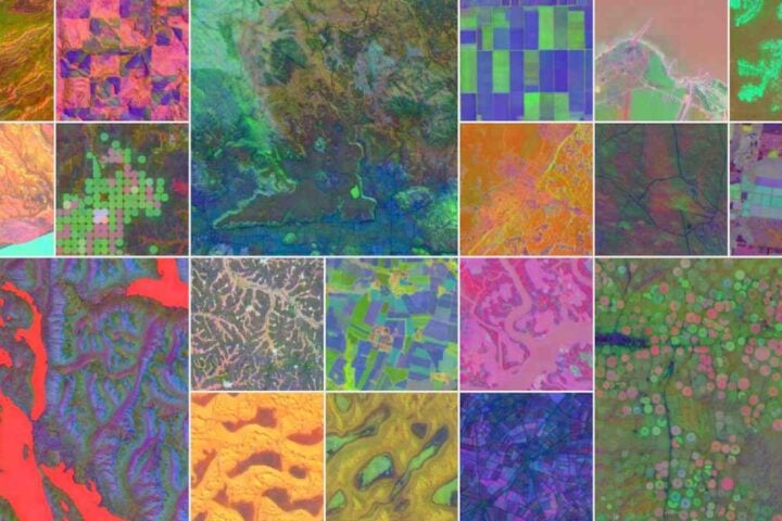 Grid collage of false-color satellite embeddings showing mountainous regions, agricultural fields, coastlines, circular irrigation patterns, and desert landscapes, each colored in vivid red, green, and blue hues.