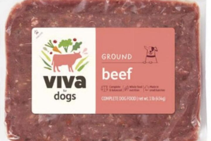Frozen Viva Raw Ground Beef for Dogs recalled by FDA due to Salmonella and Listeria contamination risks.