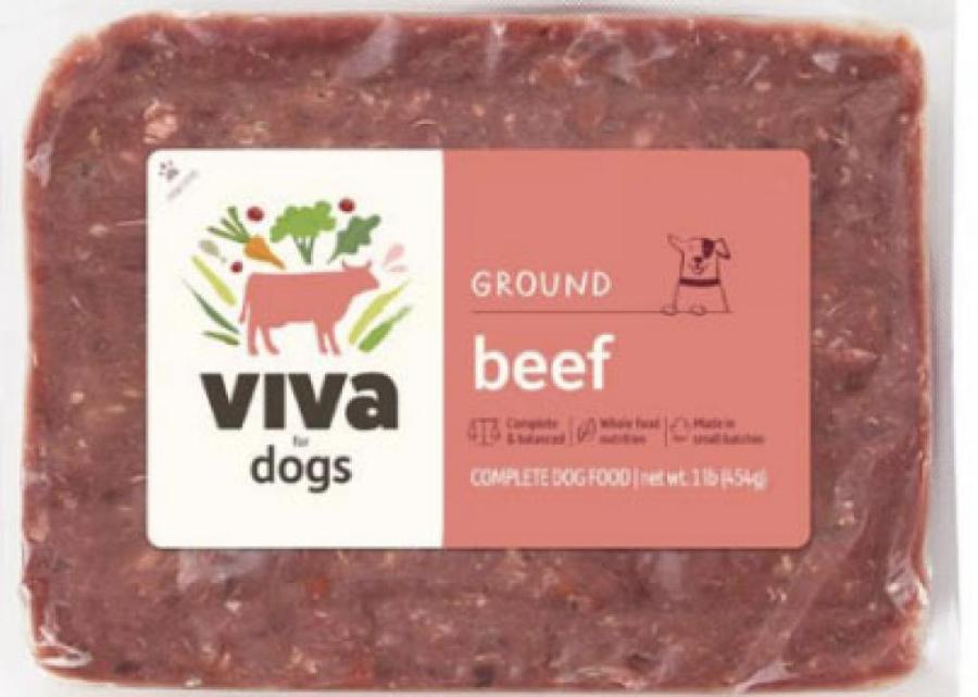Frozen Viva Raw Ground Beef for Dogs recalled by FDA due to Salmonella and Listeria contamination risks.