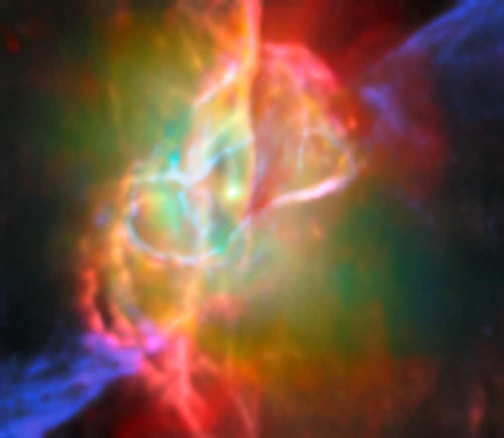 Colorful infrared image of the Butterfly Nebula's center showing a bright central star surrounded by greenish nebulosity and looping structures in cream, orange, and pink colors, captured by Webb telescope and ALMA.