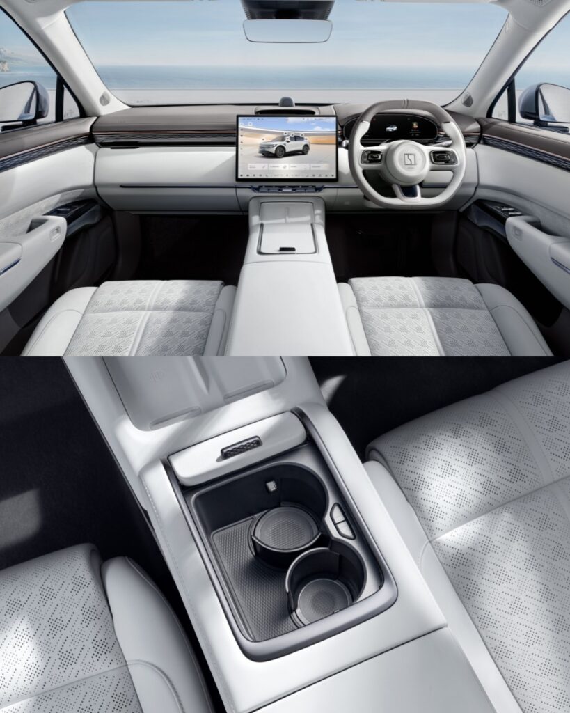  Interior view of Zeekr 7X cockpit showing minimalist dashboard, central touchscreen and steering wheel. Close-up of Zeekr 7X center console showing cupholders and storage compartment.
