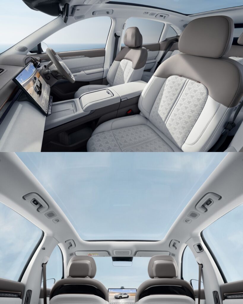 Zeekr 7X interior showing front seats and panoramic glass roof.
