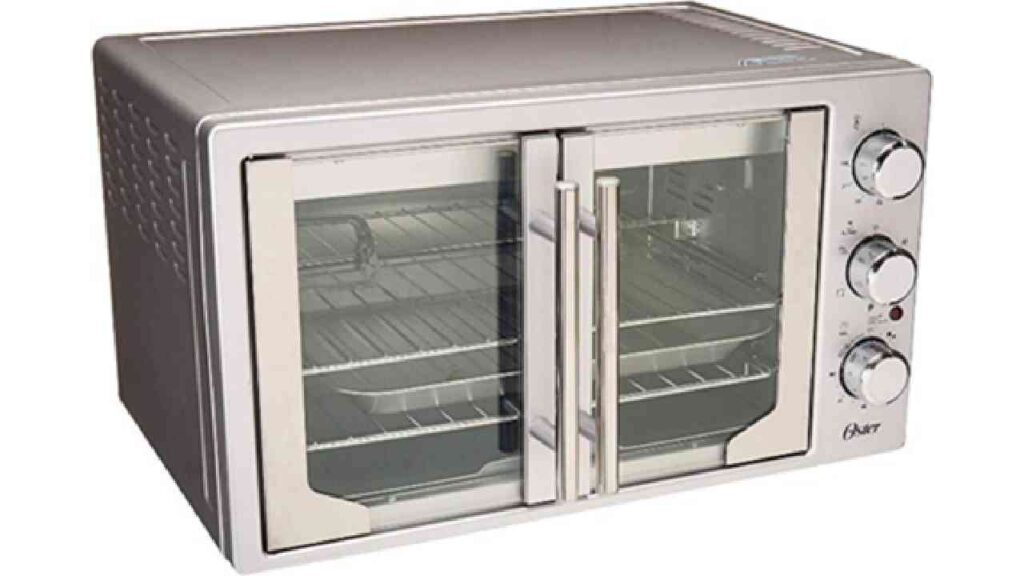 Oster French Door Countertop Oven model TSSTTVFDMAF with stainless steel finish, featuring center-opening glass doors and control knobs on the right side, shown cooking multiple pizzas on two racks.