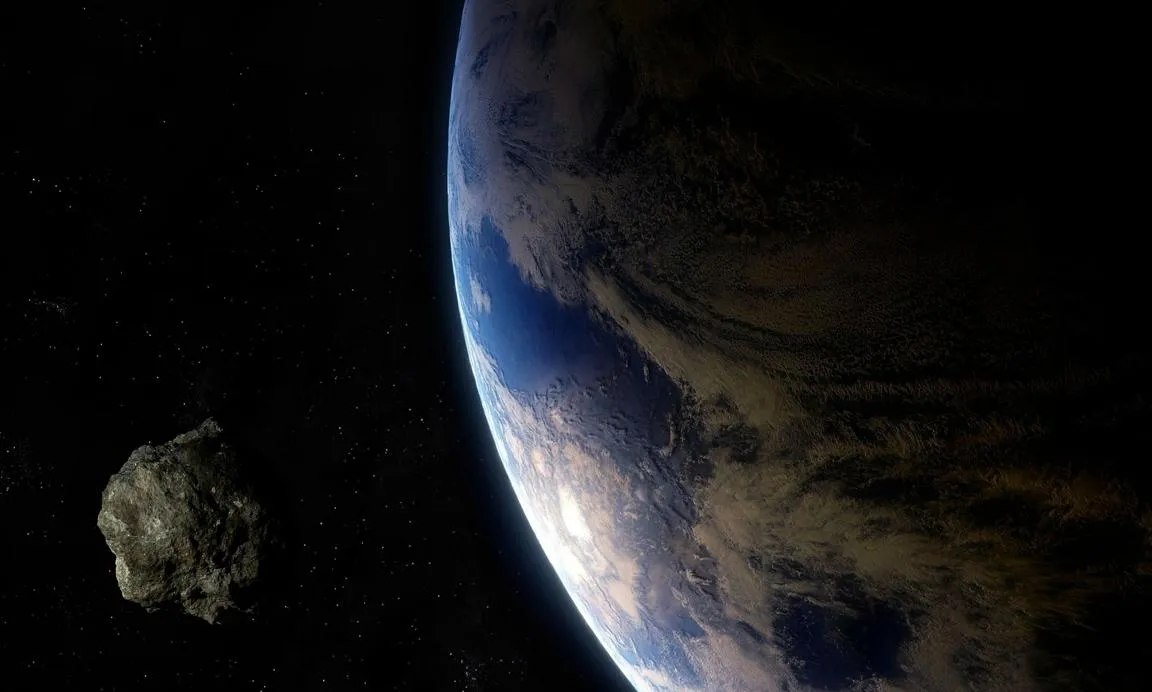 Asteroid approaching Earth against the black background of space, with the blue planet visible in the frame.