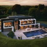 Drone view of Omaze’s £4 million eco-friendly prize house in Surrey Hills with modern architecture surrounded by woodland.