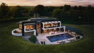 Drone view of Omaze’s £4 million eco-friendly prize house in Surrey Hills with modern architecture surrounded by woodland.