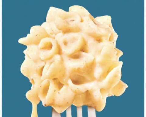 Goodles "Vegan Is Believin'" mac and cheese package showing plant-based white cheddar with spirals, subject to FDA recall for undeclared milk allergens.