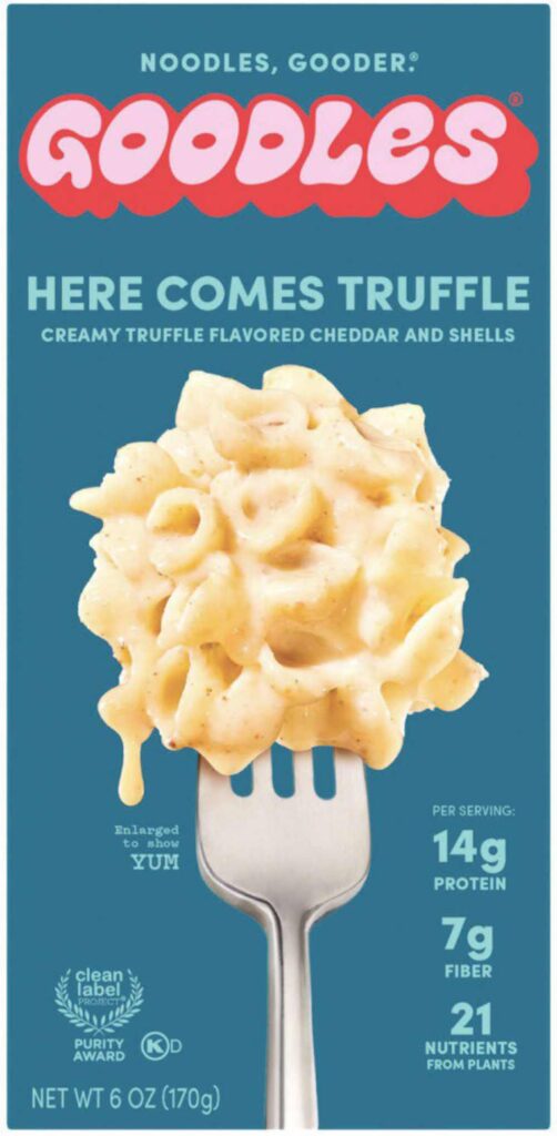 Goodles "Vegan Is Believin'" mac and cheese package showing plant-based white cheddar with spirals, subject to FDA recall for undeclared milk allergens.