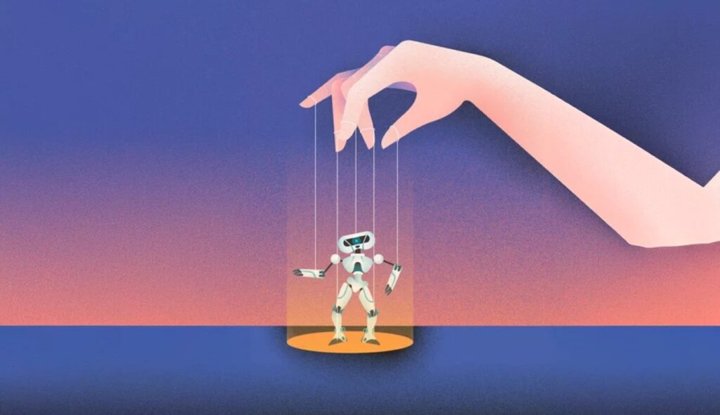 Illustration showing a large human hand operating a small robot puppet with strings against a gradient purple-orange background, symbolizing humans delegating tasks to AI.