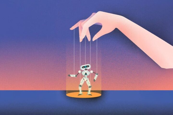 Illustration showing a large human hand operating a small robot puppet with strings against a gradient purple-orange background, symbolizing humans delegating tasks to AI.