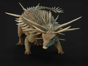 Artist's impression of Spicomellus afer showing a heavily armored quadrupedal dinosaur with multiple long spikes projecting from its neck, back, and sides against a black background
