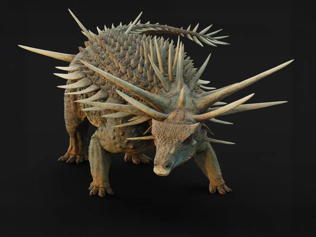 Artist's impression of Spicomellus afer showing a heavily armored quadrupedal dinosaur with multiple long spikes projecting from its neck, back, and sides against a black background