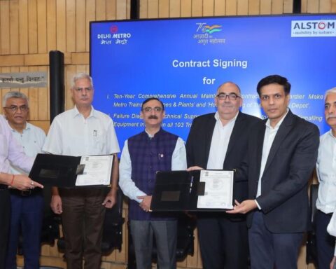 Alstom and DMRC officials at contract signing ceremony for decade-long metro maintenance deal