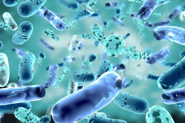 Microscopic view of blue and teal bacteria in a liquid environment, representing Bifidobacterium gut bacteria that were studied by University of Birmingham researchers.