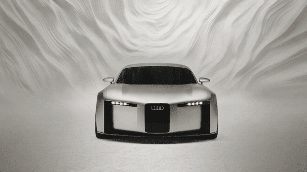 Front view of the silver Audi concept car with distinctive vertical frame grille and four-element LED headlights against a white background with flowing curved patterns.