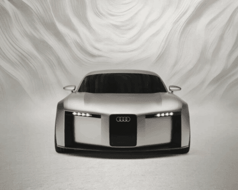 Front view of the silver Audi concept car with distinctive vertical frame grille and four-element LED headlights against a white background with flowing curved patterns.