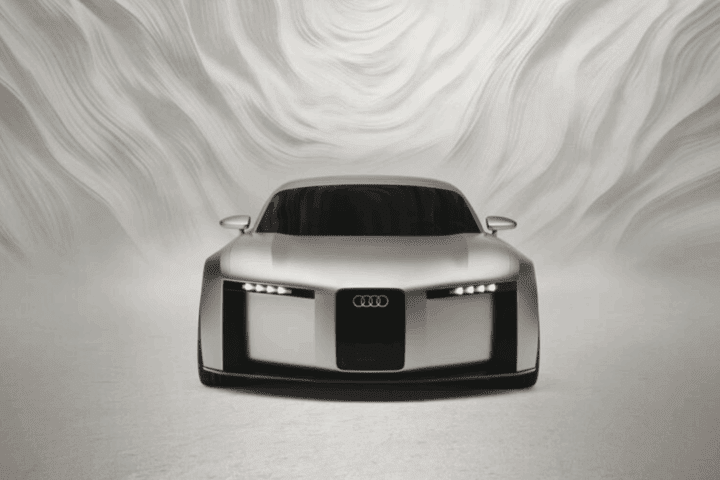 Front view of the silver Audi concept car with distinctive vertical frame grille and four-element LED headlights against a white background with flowing curved patterns.