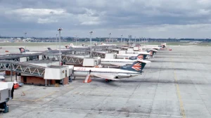 A line of British European Airways Hawker Siddeley Trident jetliners on the tarmac at London Heathrow Airport's Terminal 1 in 1971.
