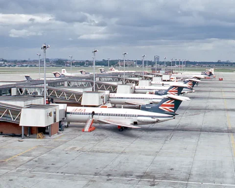 A line of British European Airways Hawker Siddeley Trident jetliners on the tarmac at London Heathrow Airport's Terminal 1 in 1971.