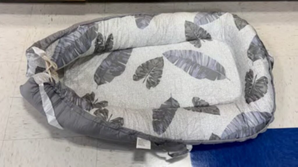 URMYWO grey feather baby lounger recall notice highlighting safety violations and refund process (No License Found)
