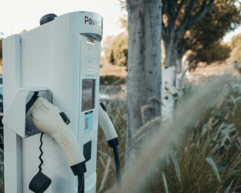 White electric vehicle charging station with charging cable attached, positioned near tall grass and trees in California