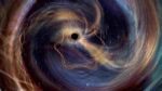 Artistic impression of a black hole merger showing swirling cosmic material being drawn into a central dark void with streams of energy radiating outward in a spiral pattern against a deep space background.