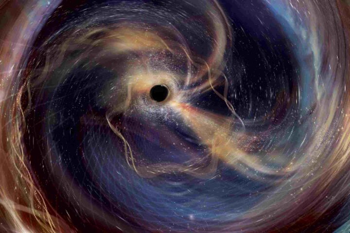 Artistic impression of a black hole merger showing swirling cosmic material being drawn into a central dark void with streams of energy radiating outward in a spiral pattern against a deep space background.