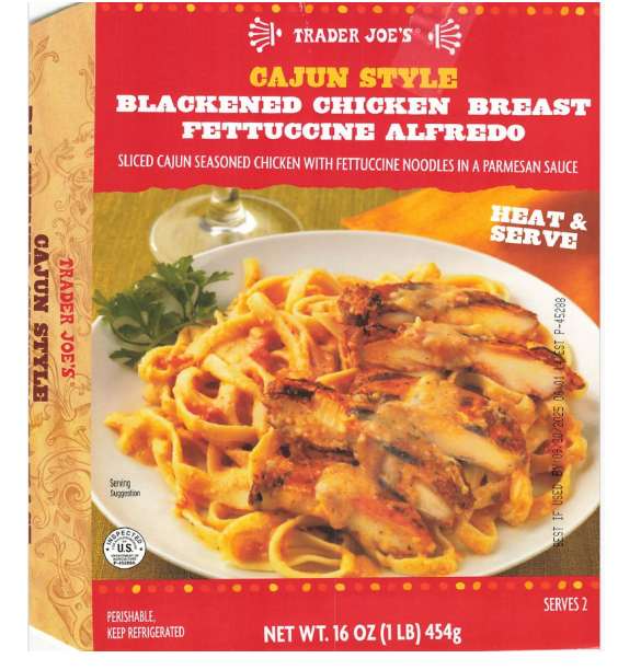 Trader Joe's Cajun Style Blackened Chicken Breast Fettuccine Alfredo in red packaging, showing the prepared dish with sliced blackened chicken and fettuccine pasta in creamy sauce.