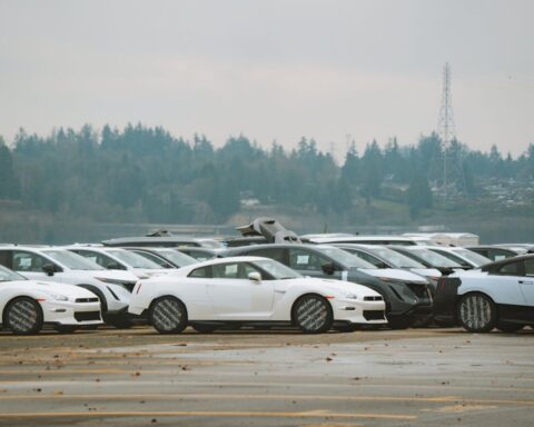 A row of white Nissan GT-R sports cars parked in an outdoor storage lot with forested hills and a transmission tower visible in the background under an overcast sky.
