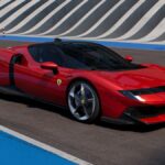 Ferrari 849 Testarossa hybrid supercar in red with distinctive twin-tail rear design, front three-quarter view