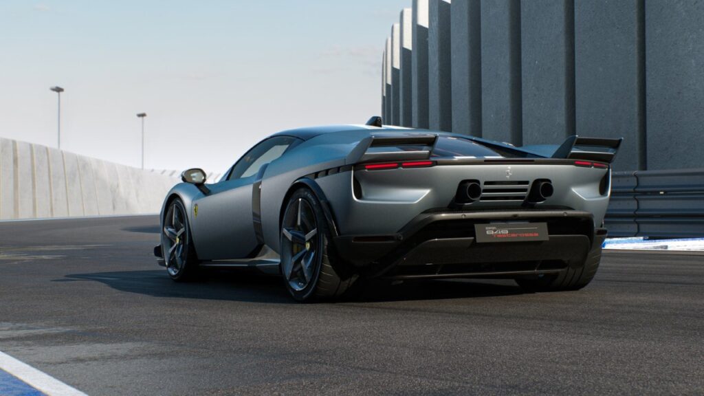 Rear three-quarter view of Ferrari 849 Testarossa showing twin-tail design, diffuser, and exhaust system