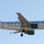 Frontier Airlines Airbus A319 aircraft with its distinctive animal livery featuring a bird on the tail fin approaching landing with landing gear down.