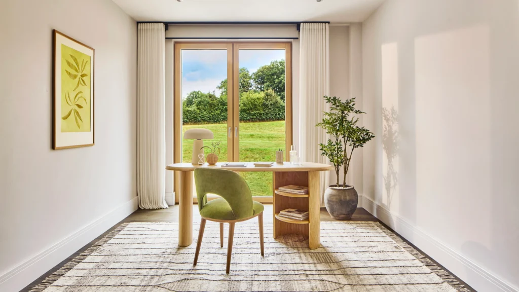 Modern home office with wooden desk, ergonomic chair, and large windows providing natural light and views of the surrounding landscape.