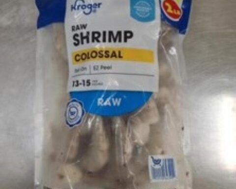 Three recalled frozen shrimp products including Kroger Mercado Cooked Shrimp packaging, Kroger Raw Colossal EZ Peel Shrimp bag, and the nutrition facts panel of a Kroger shrimp product.