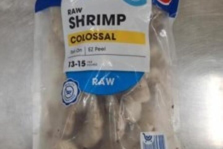 Three recalled frozen shrimp products including Kroger Mercado Cooked Shrimp packaging, Kroger Raw Colossal EZ Peel Shrimp bag, and the nutrition facts panel of a Kroger shrimp product.