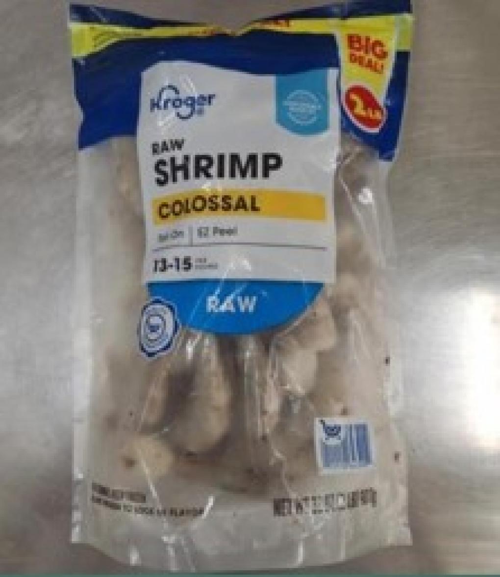 Three recalled frozen shrimp products including Kroger Mercado Cooked Shrimp packaging, Kroger Raw Colossal EZ Peel Shrimp bag, and the nutrition facts panel of a Kroger shrimp product.