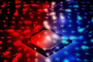 A computer-generated image showing a magnetic transistor device with red and blue light patterns representing magnetic states controlling electrical flow.