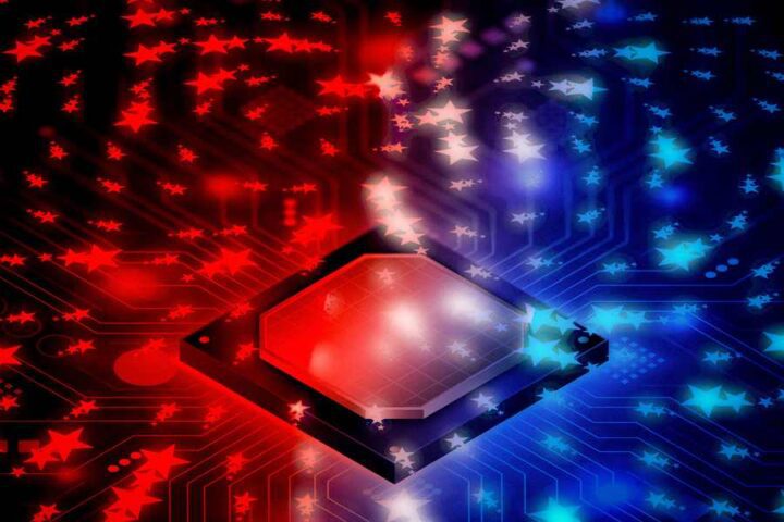 A computer-generated image showing a magnetic transistor device with red and blue light patterns representing magnetic states controlling electrical flow.